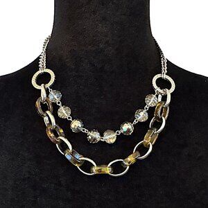 Ann Taylor LOFT Necklace Two Tier Beaded Tortoise Shell Chain Link Silver Tone B